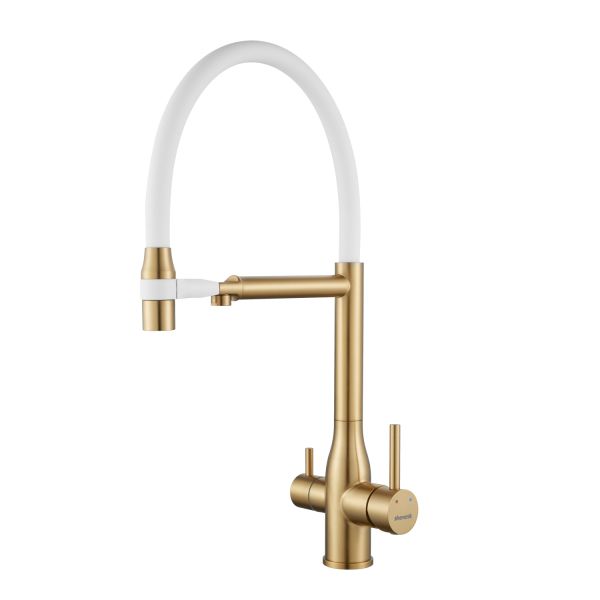 Смеситель для кухни с гибким изливом и подключением фильтра Shevanik S378G, золотой сатин/белый
