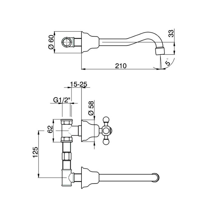 CISAL Arcana Смеситель для раковины на 3 отверстия из стены,излив 210 мм,внешняя и внутренняя части в комплекте, цвет золото, артикул AC00351024