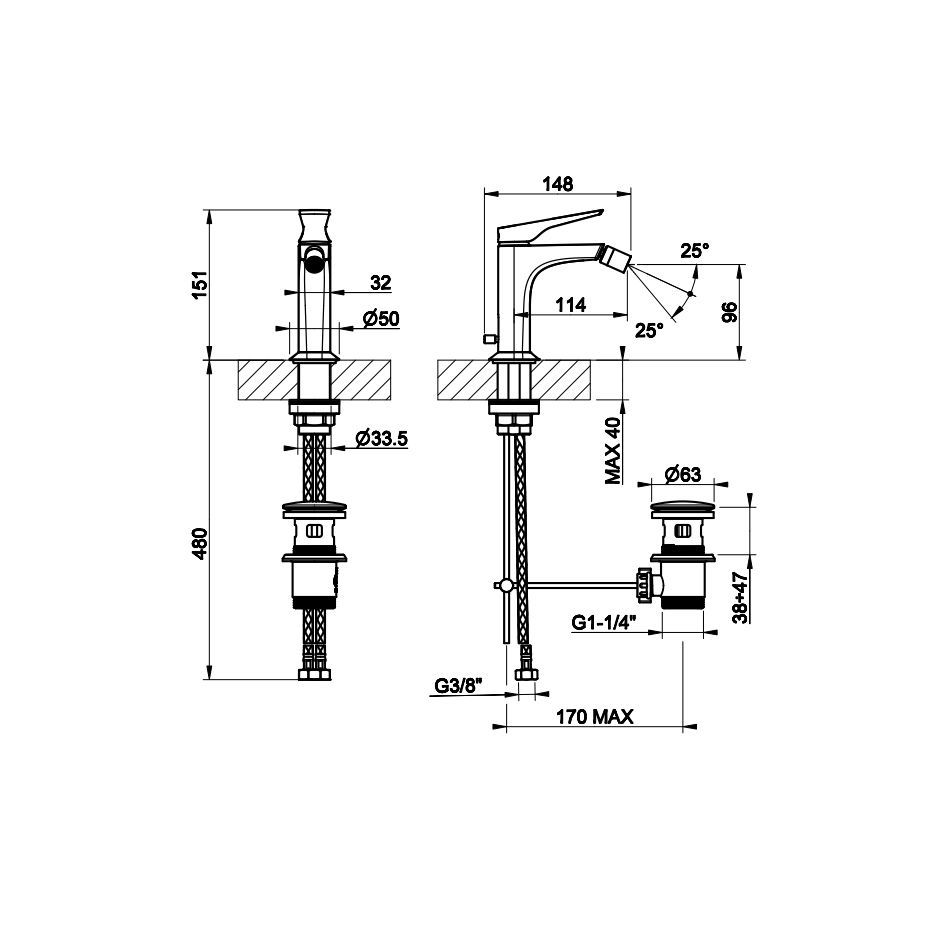 GESSI  VENTAGLIO Смеситель для биде с донным клапаном и соединительными шлангами, цвет: хром