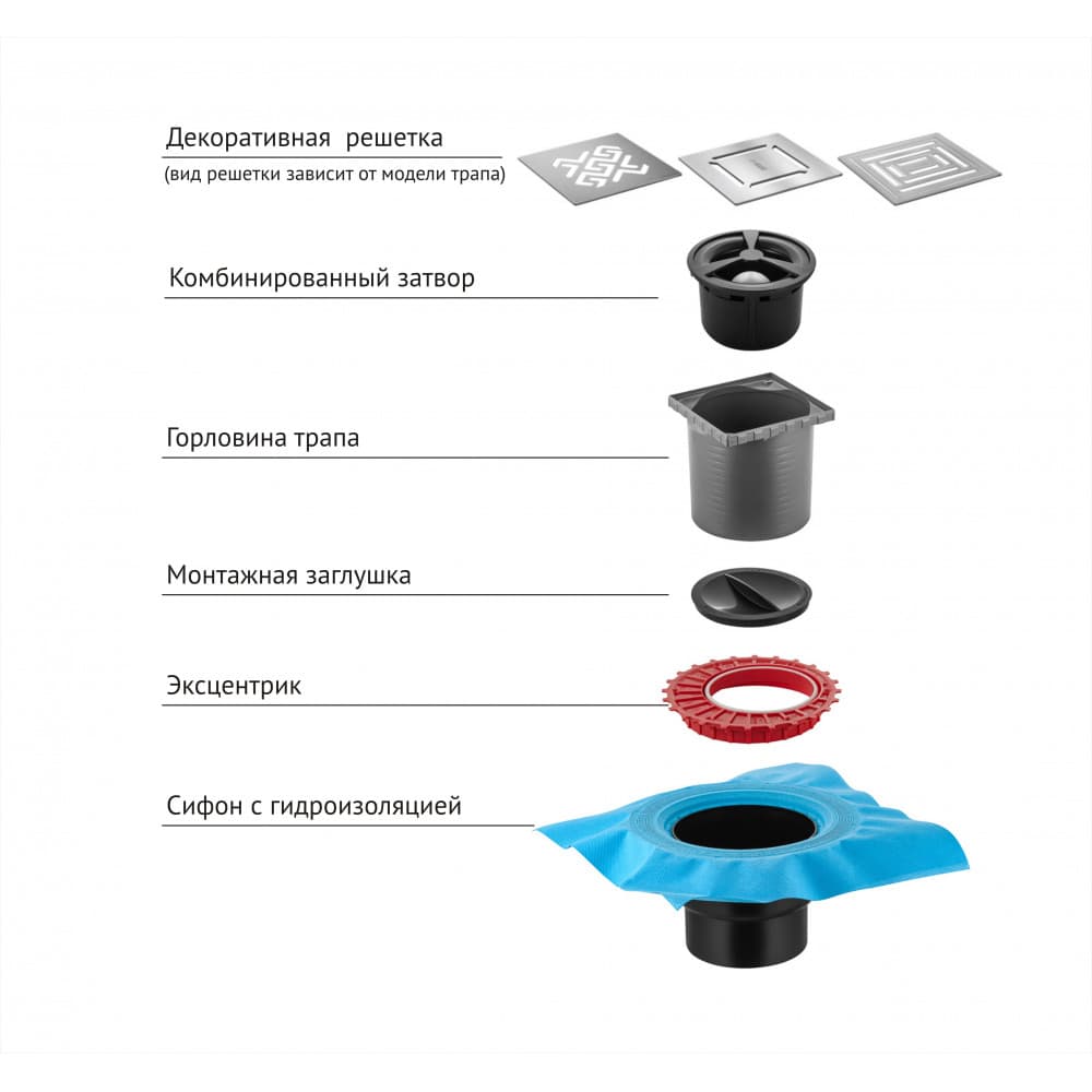 Трап BERGES водосток ZENTRUM Uno 100х100, матовый хром, выпуск D50/75/110 H74 вертикальный