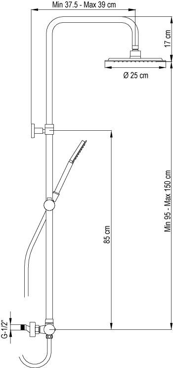AQG Beta, душевая колонна регул. по высоте 95-150 см, cо смесителем и круглым верхним душем 25 см, цвет черный матовый, артикул 21NITR25BEA05