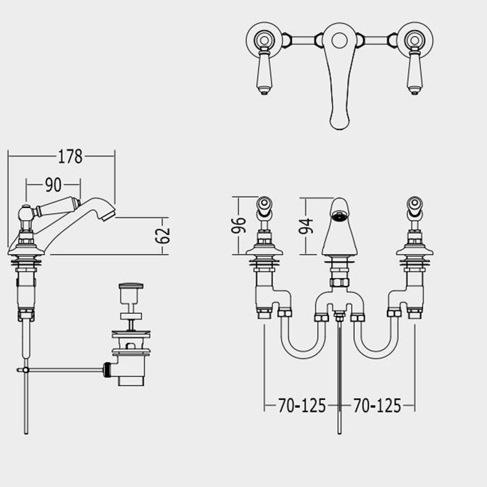Devon Black Dandy Смеситель для раковины на 3 отв., с донным клапаном, c ручками черными, цвет: хром