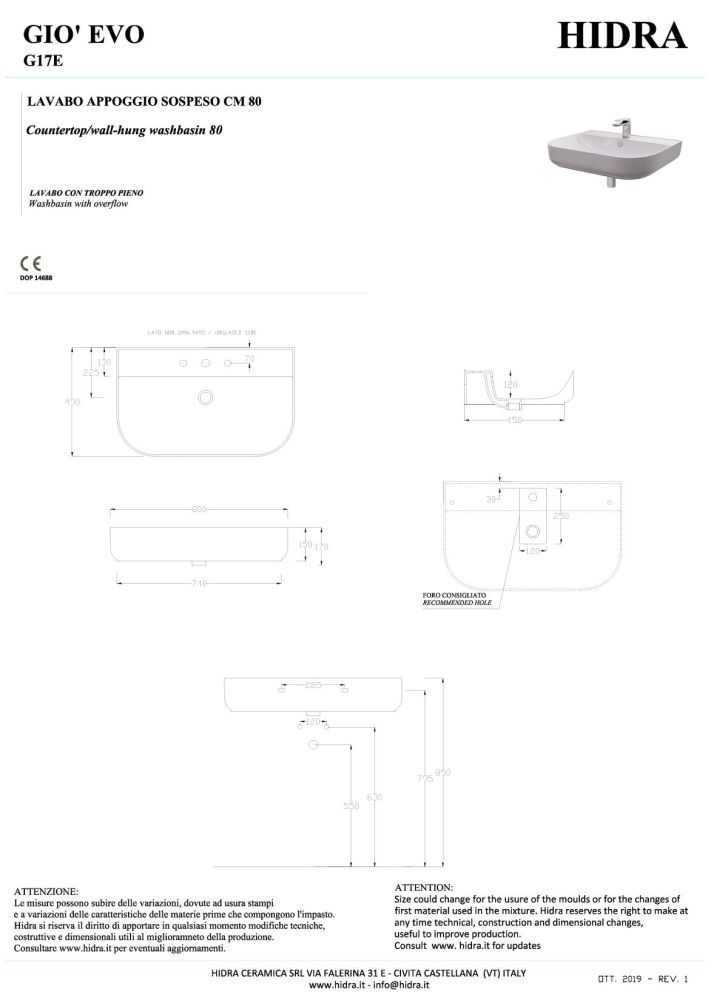 Hidra Gio, накладная/подвесная раковина 80x49x15h см, цвет белый матовый, артикул G17E/006