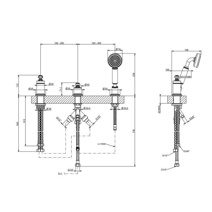 GESSI VENTI20 Смеситель для установки на борт ванны на 3 отверстия, однорычажный, без излива, с ручным душем и шлангом 1500 мм., цвет Finox Brushed Ni