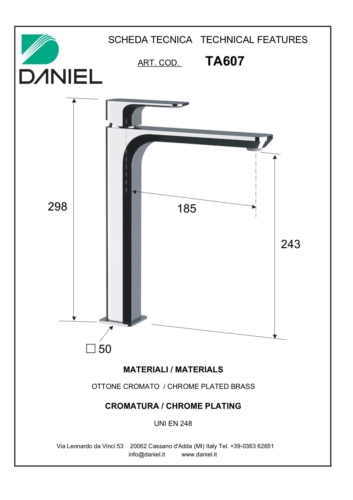 Daniel Tiara, высокий однорычажный смеситель для раковины с донным клапаном click-clack, цвет матовый зачищенный никель