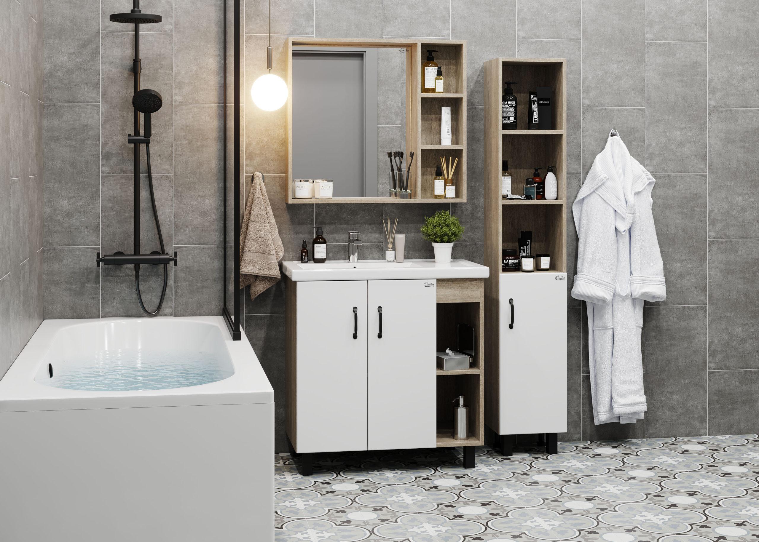 Тумба Onika Тимбер 80 напольная, белая мат./дуб сонома, правая (ум. Фостер 80 Пр.), артикул 108045