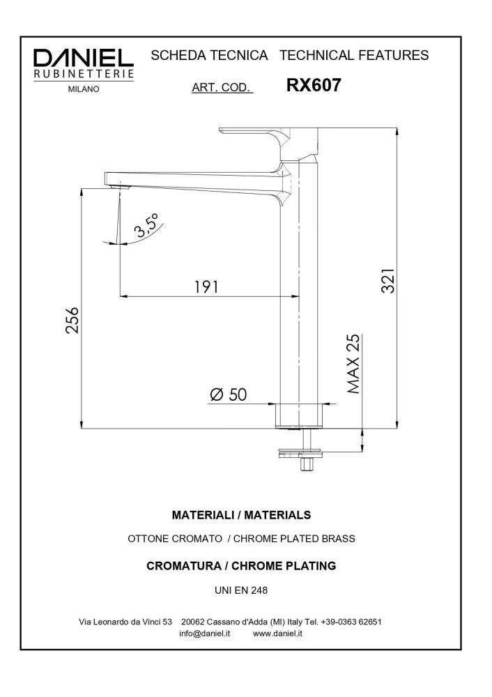 Daniel Reflex, высокий однорычажный смеситель для раковины (излив 22,7 см), с донным клапаном click-clack, цвет зачищенный никель, артикул RX607-NP