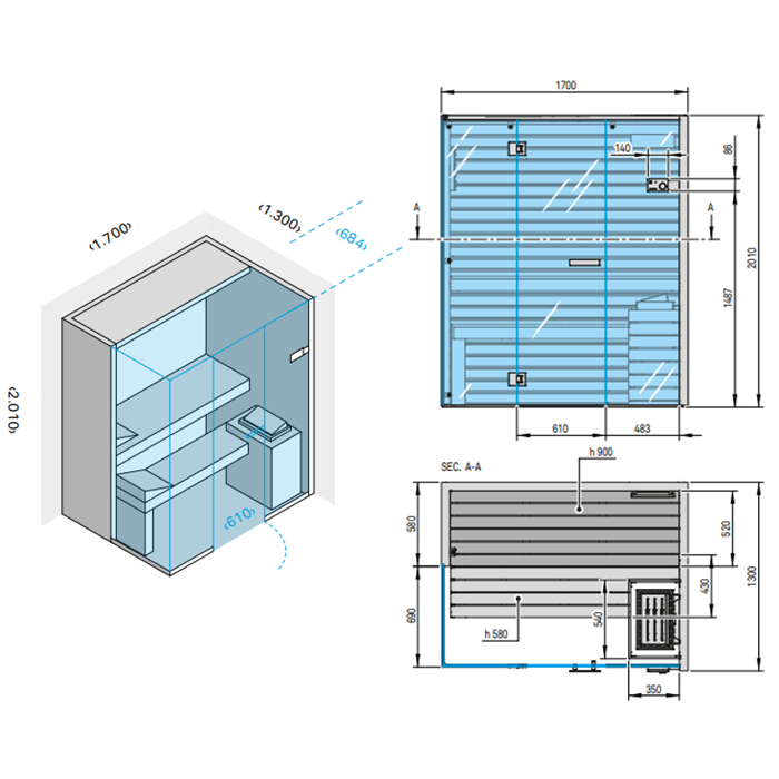 Effegibi Sky Corner 45 Био-Сауна 170x130xh201см, DX, отделка: канадский хемлок