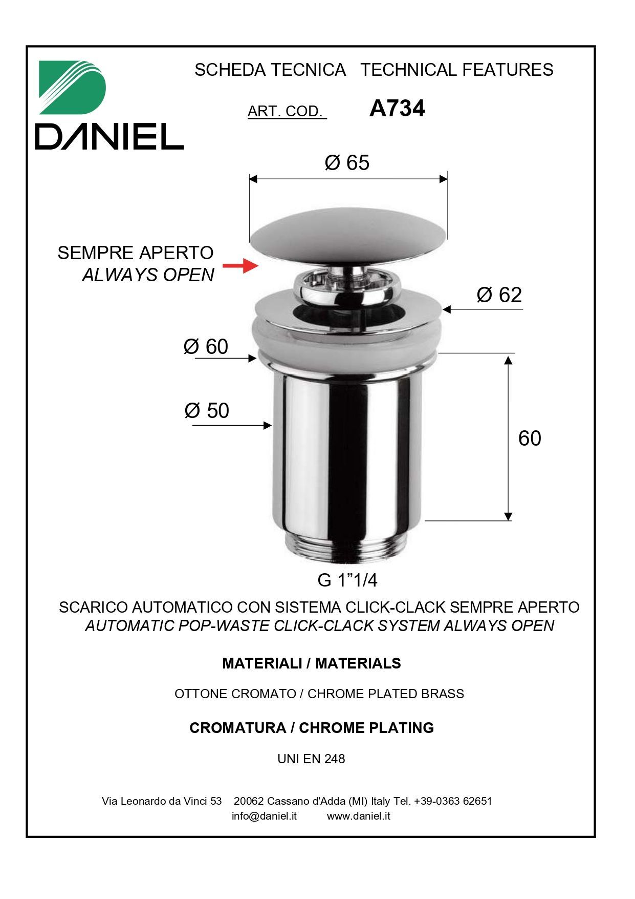 Daniel, донный клапан click-clack 1"1/4, цвет хром