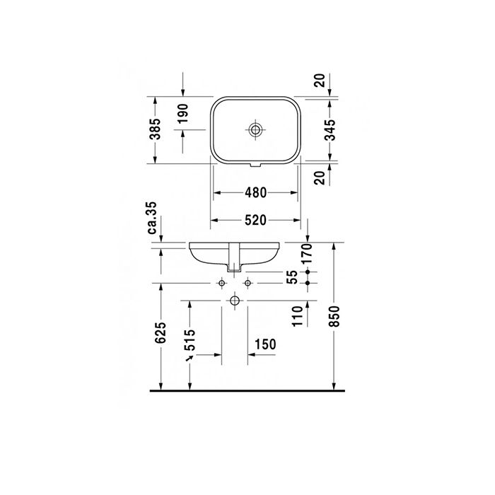Раковина, Duravit, Happy D.2, ширина, мм-480, глубина, мм-345, высота, мм-170, тип установки-встраиваемый снизу, отверстия для смесителя-отсутствуют, перелив-есть, материал-керамика, крепления в комплекте, цвет-белый, без площадки под смеситель, с заглушк, артикул 0457480000