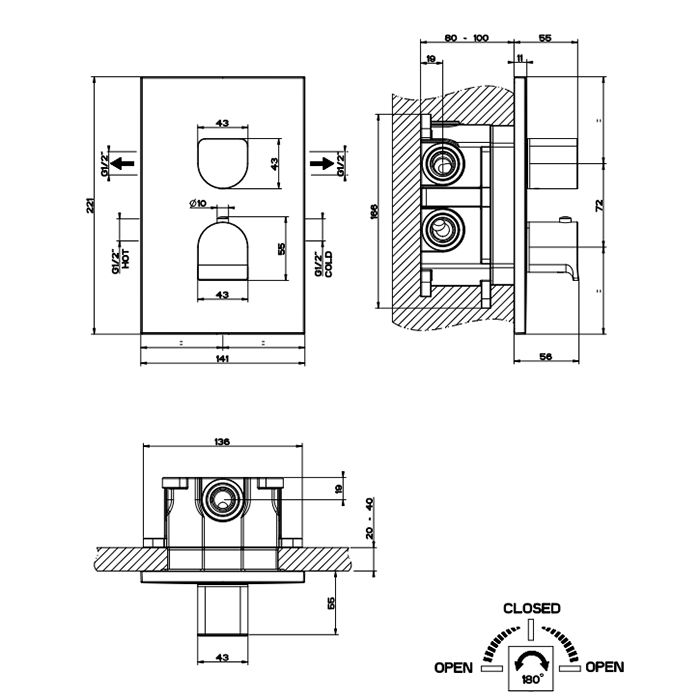 GESSI Rilievo Встраиваемый смеситель для душа, термостатический, на 2 источника (внешние части), цвет: nero XL