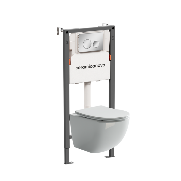 Комплект Подвесной унитаз Форма (Forma) Безободковый (Rimless) + Система инсталляции Баланс (Balance) кнопка Круг (Circle), хром глянцевый