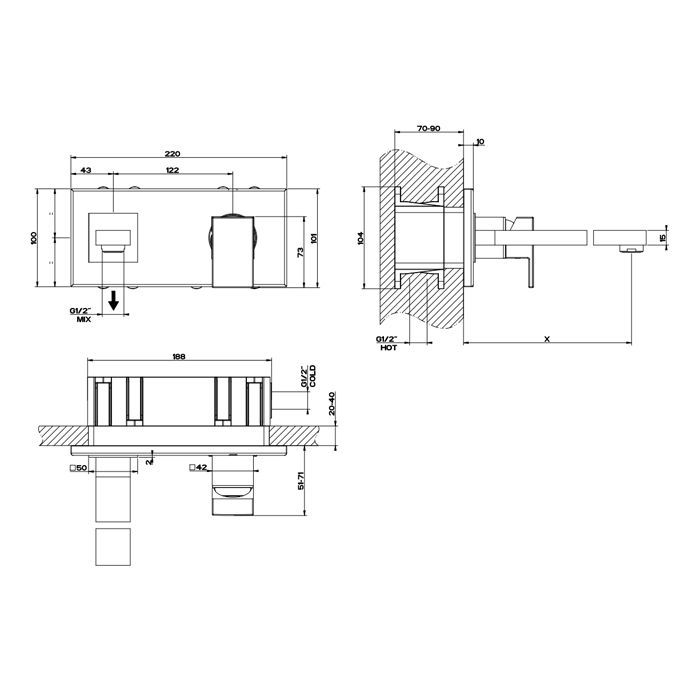 Gessi Rettangolo Встраиваемый однорычажный смеситель с инд.длиной излива (70-300мм)(внешние части), цвет: черный