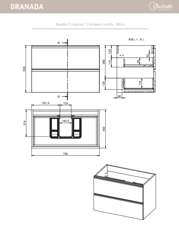 Комплект мебели Visobath Granada, 800 мм, цвет бежевый матовый лак (Cotton), артикул 70455/Cotton
