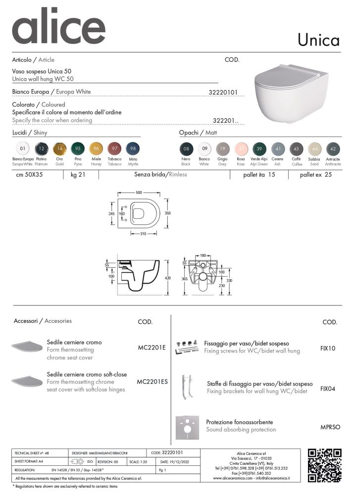 Alice Unica 50, подвесной безободковый унитаз c крепежом fix10, 50x35 см, цвет черный матовый, артикул 32220108