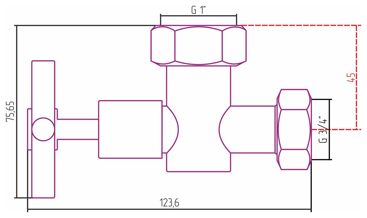Вентиль запорный (крестовой) G 1" НГ х G 3/4" НГ (Без покрытия) Вентиль запорный (крестовой) G 1" НГ х G 3/4" НГ (Без покрытия)