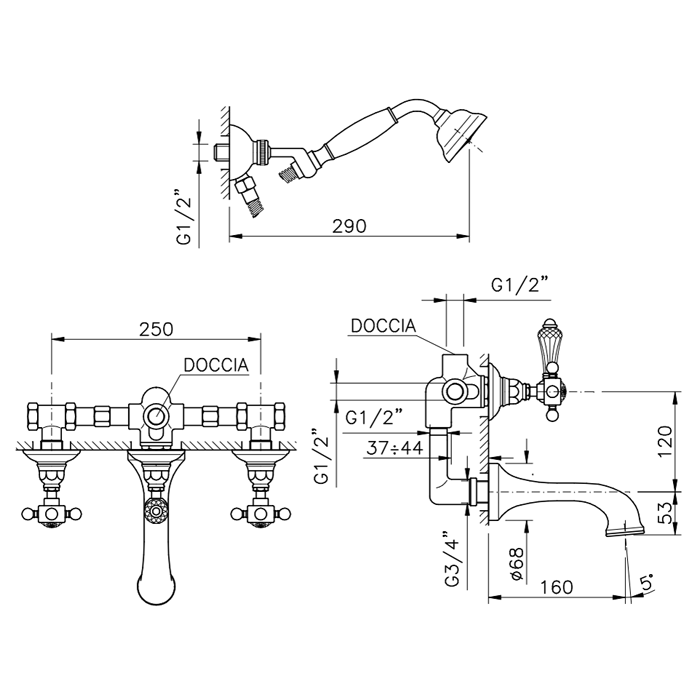 Nicolazzi Half Dome Crystal Смеситель для ванны с изливом от стены на 4 отверствия, встраиваемый, излив: 160 мм, цвет: хром