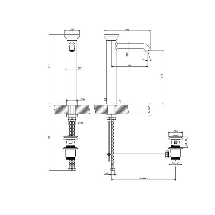 GESSI Origini Смеситель для раковины высокий с донным клапаном, в компл с отд вставкой, цвет Finox Brushed Nickel