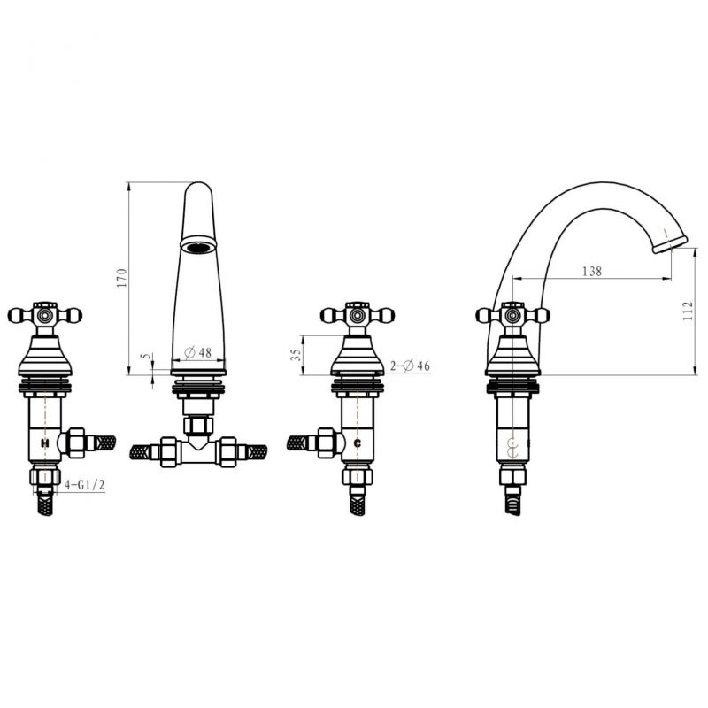 Смеситель для раковины на 3 отверстия SATINE бронза_Комплект, артикул 317-ST