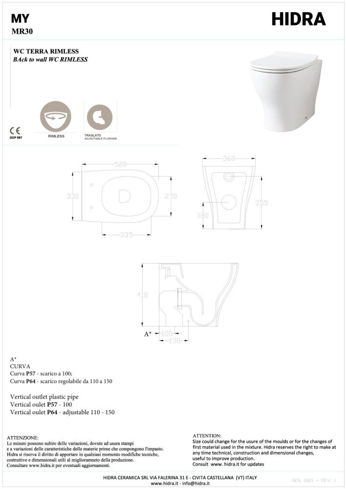 Hidra My, напольный безободковый унитаз c крепежом, 52x36 см, цвет белый глянцевый, артикул MR30/001