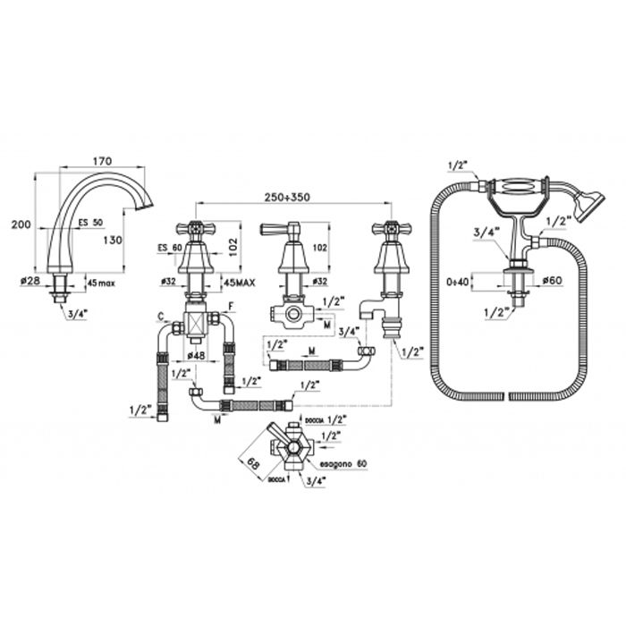 Stella Eccelsa Смеситель на борт ванны на 5 отверстий 3256TRTC/307, цвет: золото 24К