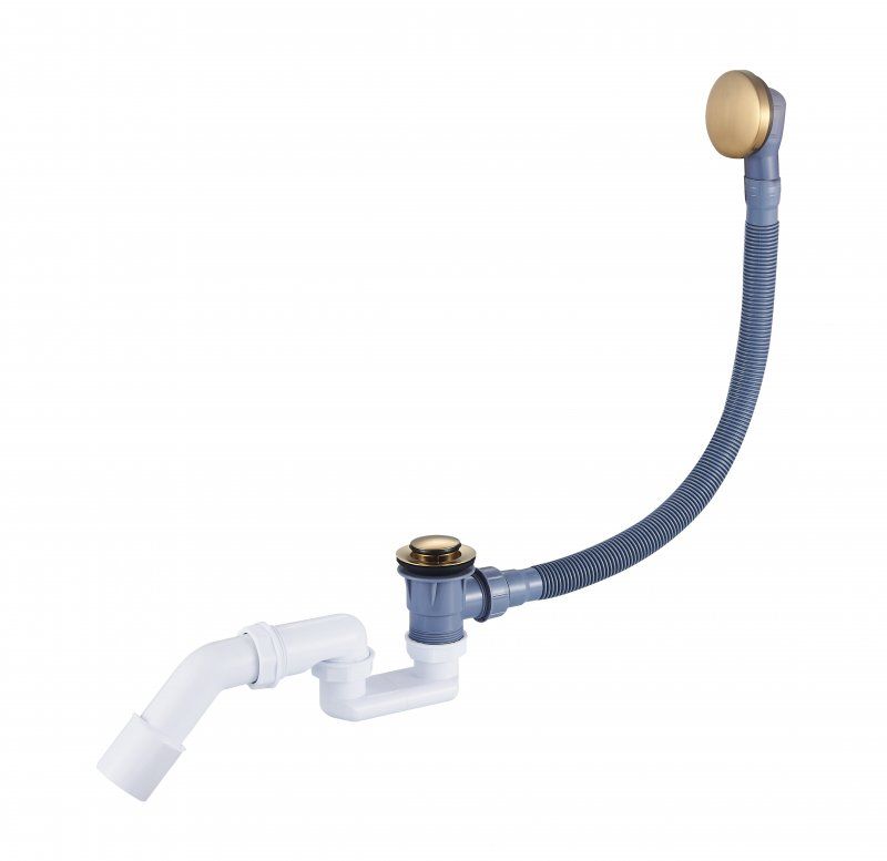 Слив-перелив для акриловой ванны 680 мм, с гибкой трубой, с гидрозатвором, с донным клапаном "Клик-клак" CZR-STP3-BORO, брашированное золото, артикул CZR-STP3-BORO