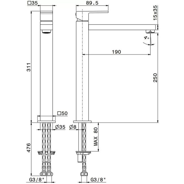 Однорычажный смеситель для раковины FUTURA, высокий, без донного клапана 3/8,   матовый черный