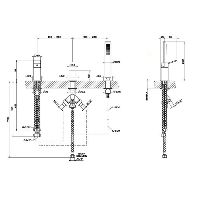 Gessi Rettangolo K Смеситель для ванны на 3 отверстия, с переключателем и ручным душем, без излива, цвет: черный
