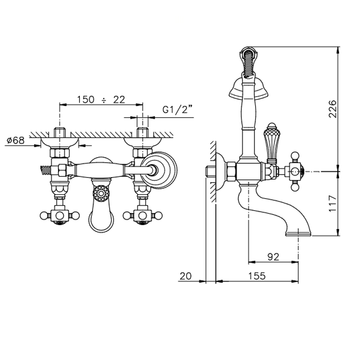 Nicolazzi Dames Anglaises Смеситель настенный с душем для ванны с 2мя ручками, с переключателем ванна/душ, цвет: хром