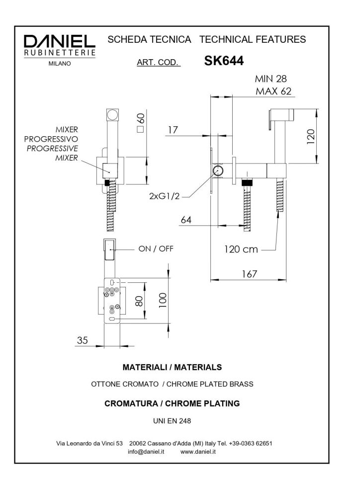 Daniel SkyLine, комплект гигиенического душа квадратной формы, с прогрессивным картриджем, цвет золото, артикул SK644-DO