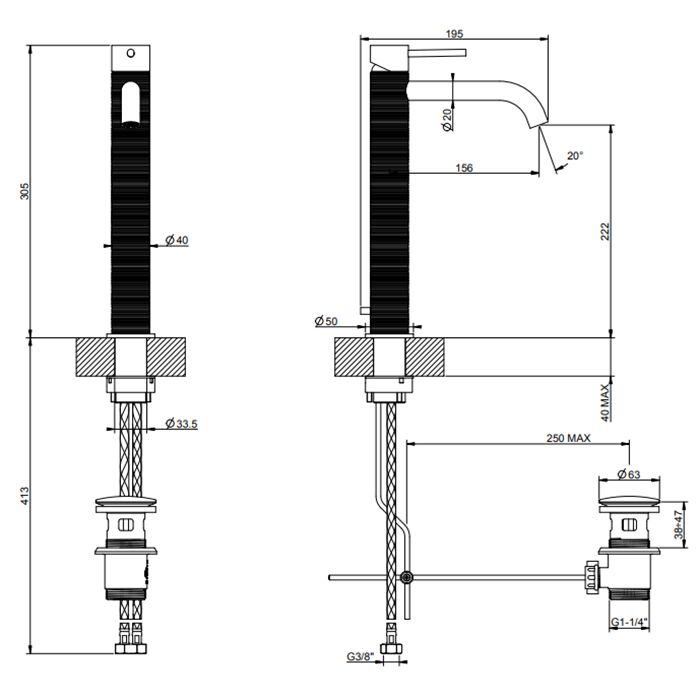 GESSI 316 Смеситель для раковины на 1 отверстие, высокий, h=305мм, с донным клапаном, излив 156мм, цвет: brushed black metal pvd GESSI 316 Смеситель для раковины на 1 отверстие, высокий, h=305мм, с донным клапаном, излив 156мм, цвет: brushed black metal pvd