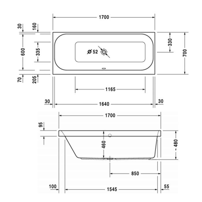 Duravit Happy D.2 Ванна акриловая  1700х700 мм, прямоугольная .встраиваемая  версия , с наклоном для  спины слева, цвет белый