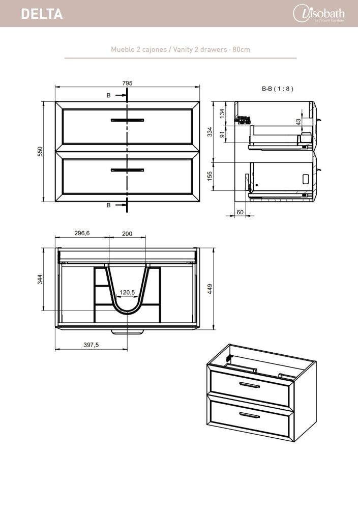 Visobath Delta, тумба 80 см, 2 ящика c черными ручками, цвет кварцевый матовый лак (Quarzo), артикул 76405/Quarzo