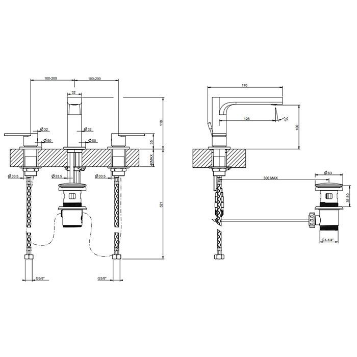 Gessi Emporio Via manzoni Смеситель для раковины на 3 отверстия, донный клапан и соединительные шланги, цвет: Finox Brushed Nickel