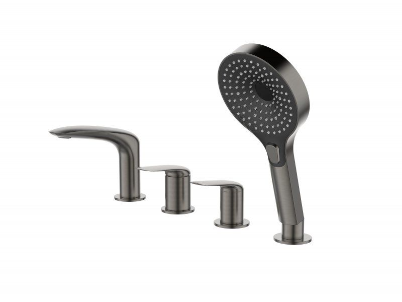 METAURO-BVD4-GM Смеситель на борт ванны однорычажный с ручным, выдвижным душем, оружейная сталь, артикул METAURO-BVD4-GM