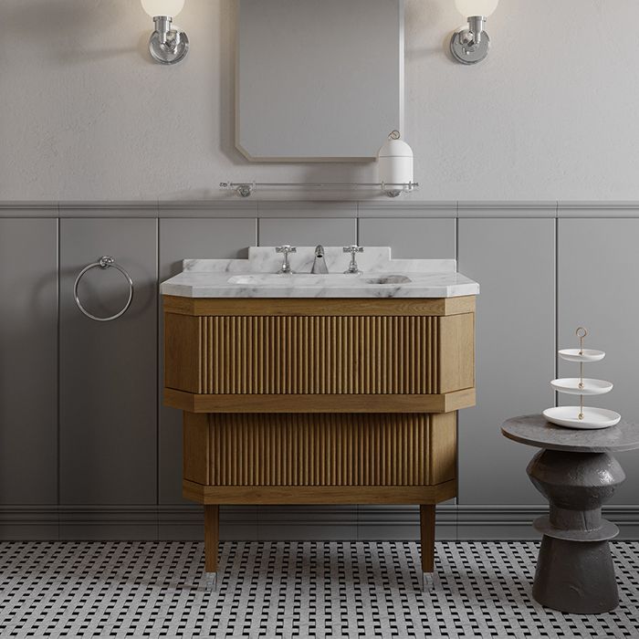 Devon Metropolitan  Essenc Тумба под раковину из дуба 88.5х95 см, стол. BIANCO CARRARA, рак. SWINDON на 3 отв белая , ножки хром,цвет мебели  ROVERE, артикул MET_ESSMT_MCACRBI*3