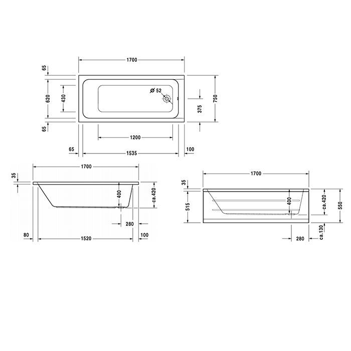 Duravit D-Code  Ванна акриловая 1700х750 мм см, встраиваемая, с 1 наклоном для спины, выпуск в зоне ног, цвет белый, артикул 700100000000000