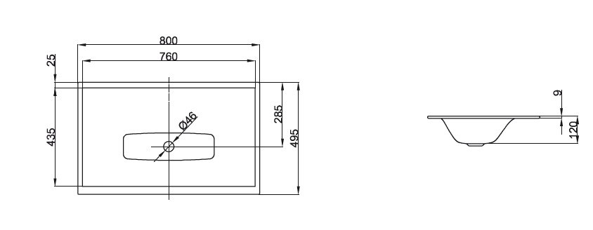 BETTELUX Раковина встраеваемая на столешницу  80*49,5*0,9/12см  без отв.под смеситель, без перелива, с  крепежем, цвет белый