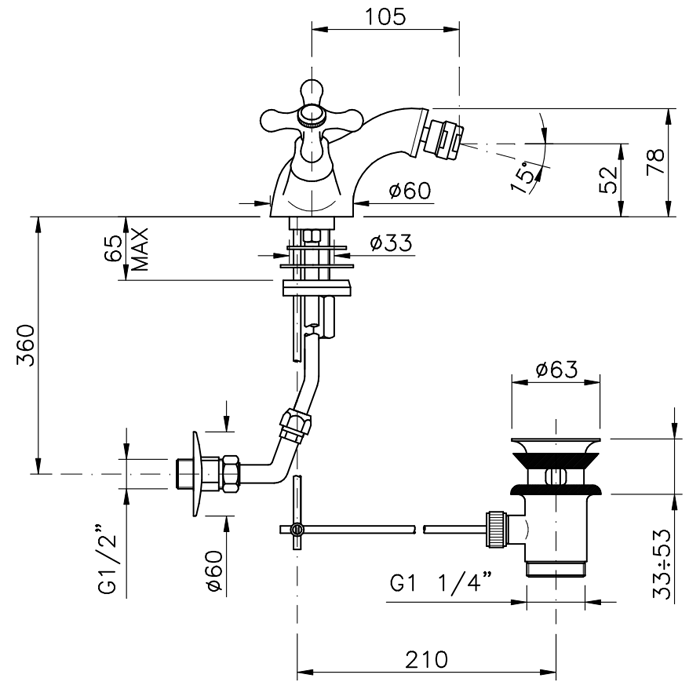 Nicolazzi Nuova Brenta Смеситель для биде на 1 отверстие, излив: 105мм, с донным клапаном, цвет: бронза