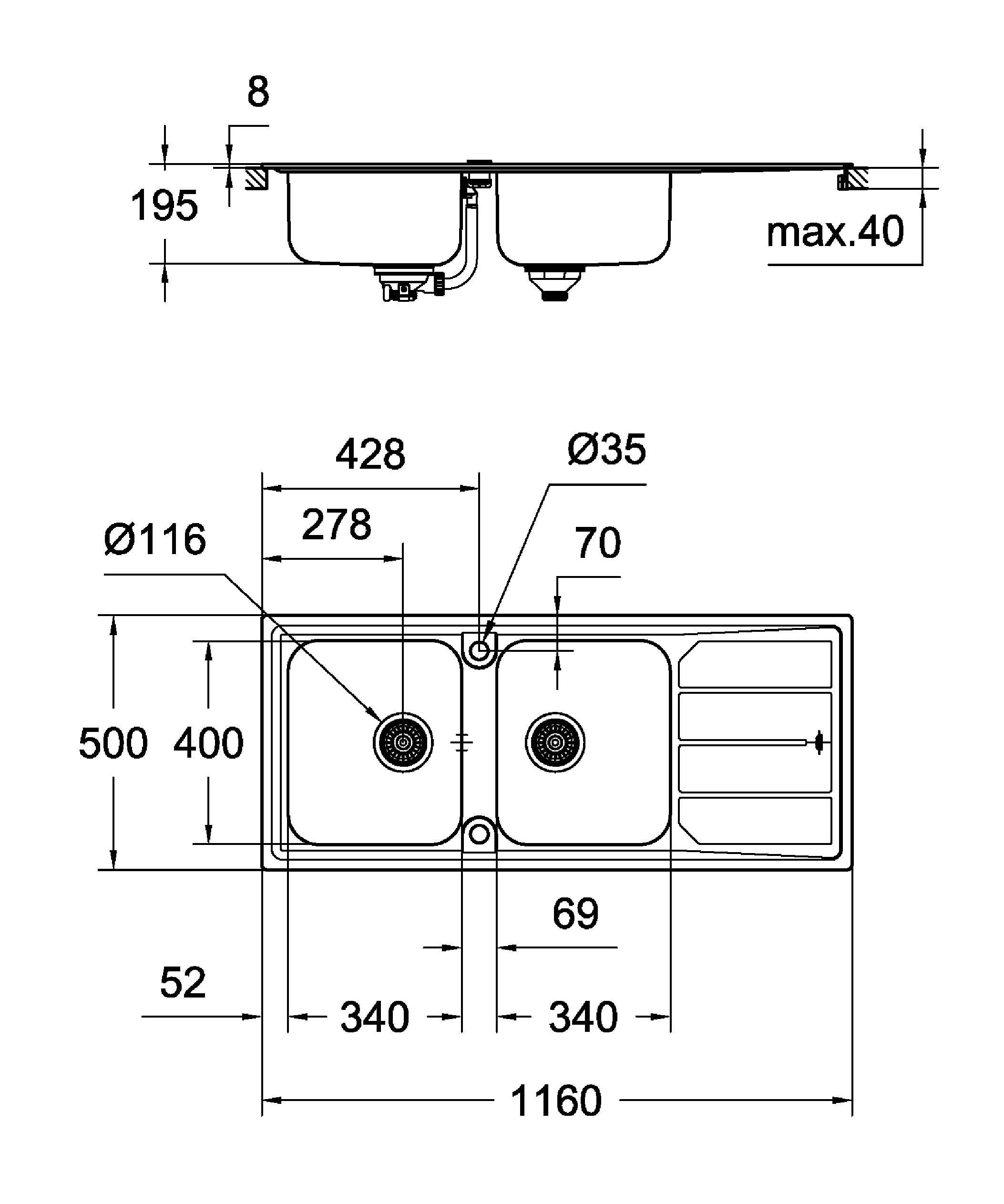 Мойка GROHE из нержавеющей стали с корзинчатым вентилем, оборачиваемая, 2 чаши, K500 80 -S 116/50 2.0 (31588SD0)