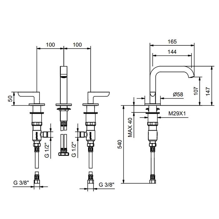 Fantini Icona Deco Смеситель для раковины, 3 отв., без донного клапана, излив 145мм, цвет: оружейная сталь