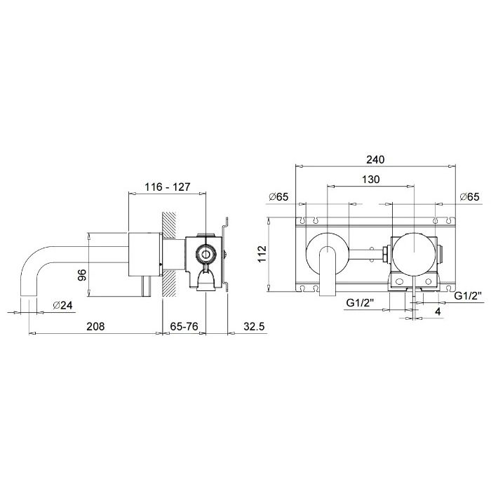 Fantini AF/21 Смеситель для раковины, встраиваемый, на 2 отв, без донного клапана, излив 208мм (наружняя часть), цвет: Matt British Gold PVD