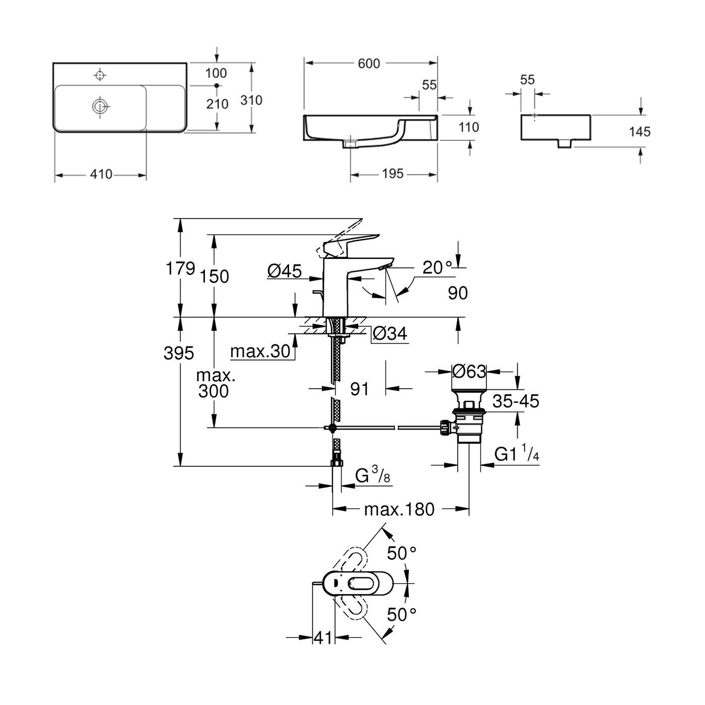 Комплект 2 в 1 Lavinia Boho Bathroom Sink 21510404, накладная фарфоровая раковина 60 см, смеситель с донным клапаном