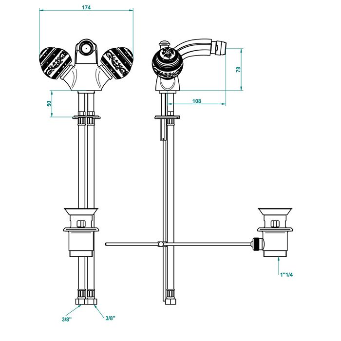THG MARQUISE NOIR DECOR OR Смеситель для биде на 1 отверстие, с донным клапаном, ручки черные, декор золото, цвет полированное золото