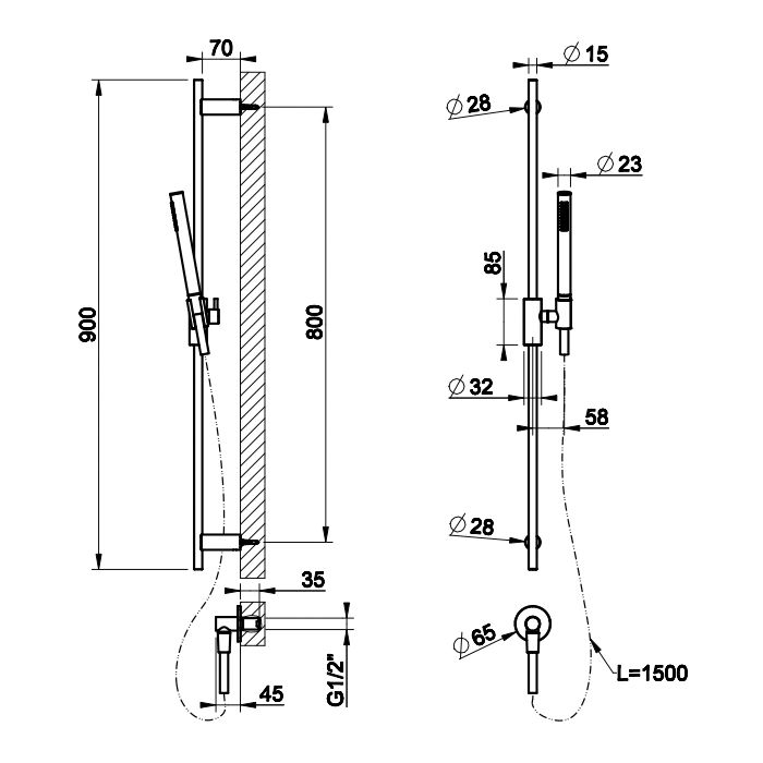 GESSI HABITO UNITO Душевой гарнитур с штангой, выводом воды, ручным душем и шлангом 1500 мм., цвет brass brushed PVD