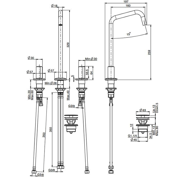 Fima Carlo Frattini So Смеситель для раковины, на 3 отв., с донным клапаном, цвет: чёрный матовый Fima Carlo Frattini So Смеситель для раковины, на 3 отв., с донным клапаном, цвет: чёрный матовый