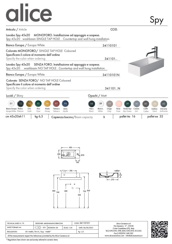 Alice Spy, подвесная прямоугольная раковина 45x20x11h см c крепежом fix01, цвет белый глянцевый, артикул 34110101