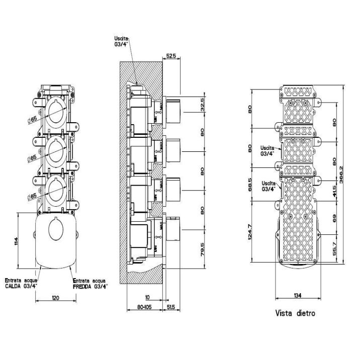Gessi Tondo Встраиваемый термостат для душа, с 3мя независимыми выходами, верт/гориз установка, (внешние части), цвет: хром