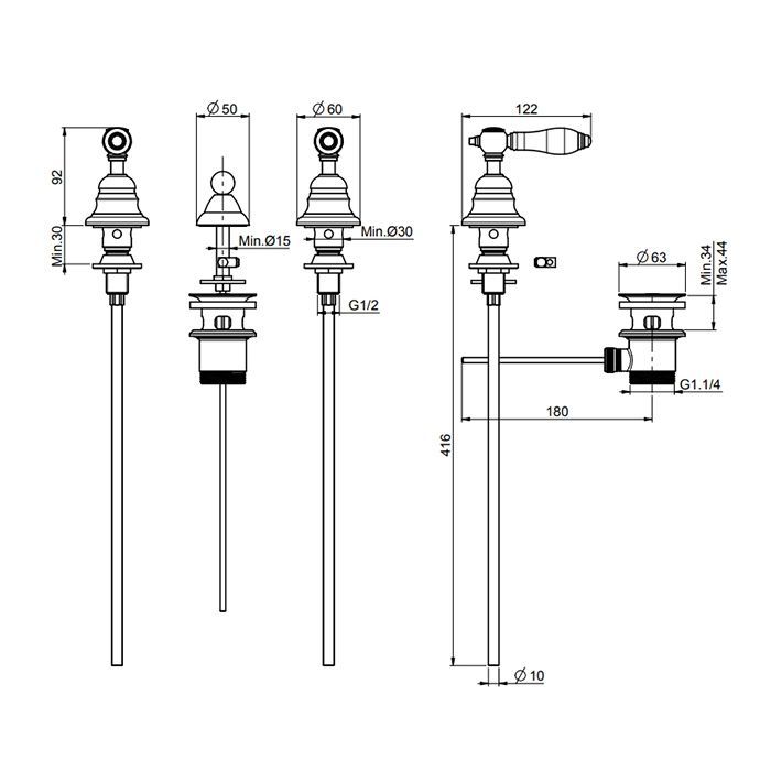 Fima Carlo Frattini Herend Cмеситель для биде на 3 отв., с донным клапаном, черные ручки, цвет: золото