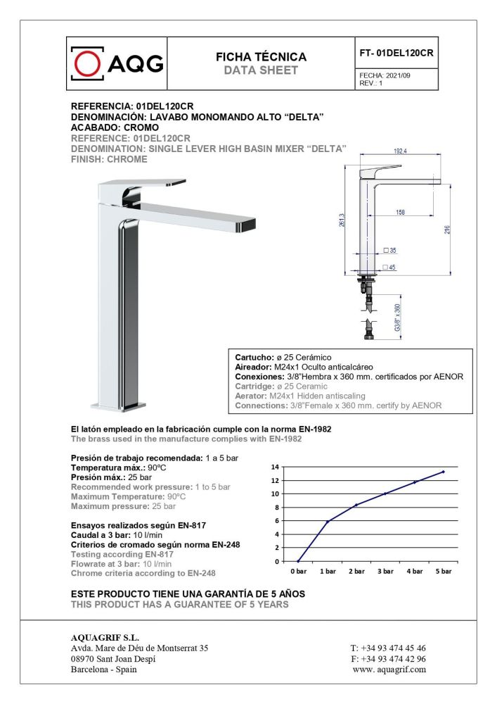 AQG Delta, высокий однорычажный смеситель для раковины без донного клапана, цвет хром, артикул 01DEL120CR
